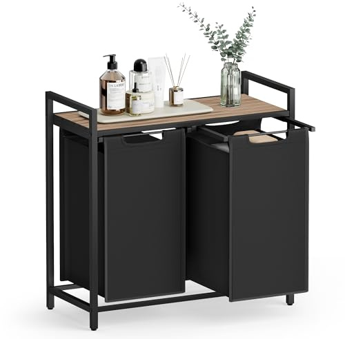 VASAGLE Laundry Basket, 2-Compartment Laundry Hamper, Pull-Out and Removable Laundry Bags, Laundry Sorter, Shelf, Metal Frame, 2 x 46L, 73 x 33 x 72 cm, Camel Brown and Black BLH201B50