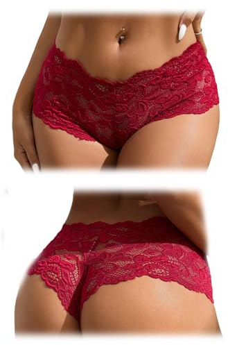 comeondear Perizoma Donna Taglia Grande Pizzo Mutande Brasiliana Mutandine a Vita Bassa Tanga Floreale Trasparente Sexy Hot Biancheria Intima Elasticizzato Slips Femminile Bikini 2 Pack Rosso L