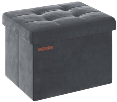 SONGMICS Storage Ottoman, Foldable Medium Foot Rest, 40 x 32 x 31 cm | Foot Stool, Ottoman with Storage, Load up to 130 kg, for Living Room, Bedroom, Hallway, Grey and Black, Velvet LSF200G51