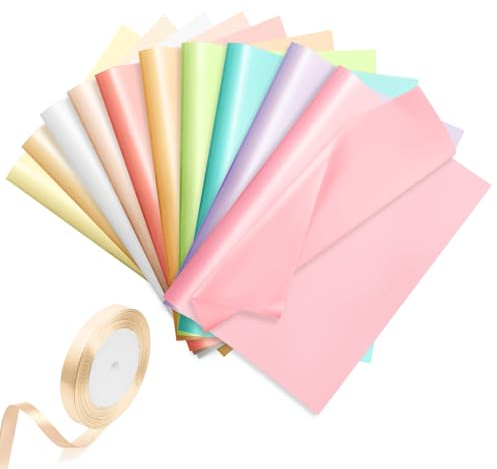 Furuising 50 Feuilles Papier de Soie Coloré, 10 Couleurs, 35 x 50 cm avec 1 Rouleau Ruban pour Sacs Cadeaux, Emballage, Floral Filler, Artisanat, Décoration Noël
