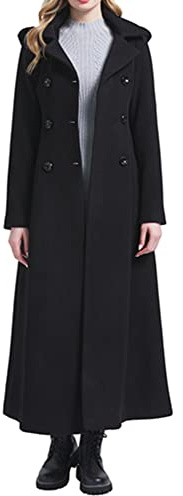 PLAERPENER Gabardina de lana de cachemira para mujer, chaqueta larga de doble botonadura gruesa para invierno, Black Hooded - Style 12, 38
