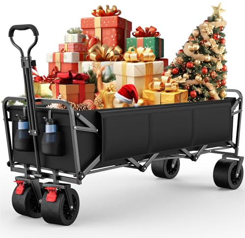 Morpilot Chariot de Plage Pliable à roulettes Extra-Longue, Charrette de Transport Tout Terrain Poignée Réglable pour Camping Pique-Nique BBQ Coures Enfant