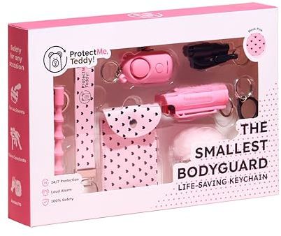 ProtectMe,Teddy! Selbstverteidigung Schlüsselanhänger mit Pfefferspray FULL SET 8pcs Kubotan, Alarm, Autonotfallhammer, VEGAN Geldbörse, PomPom, BLACK PINK Self Defense Keychain (Black Pink, Full Set)
