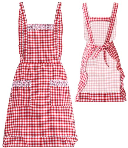 YHSKJCD Classic Vintage Apron for Women, Red and White Gingham Apron with 2 Pockets, Cotton Kitchen Apron for Cooking Baking Gardening, Gifts for Mom