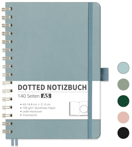 RETTACY Notizbuch A5 Dotted, Bullet Dot Journal mit 100 g/m² Dickem Papier, 70 Blatt, Notebook für Büro und Schule, Lederhülle, Grau-Blau, 14.8 cm x 21 cm