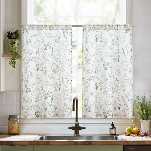 TOPICK Cortina de Cocina con Patrones Floral-Botánicos con Bolsillo para Varilla Translúcido Lino Aptas para Cocina Estilos Rurales Rústicos Retro y de Granja Verde Juego de 2 Unidades 65 x 90 cm