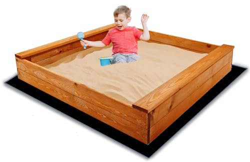 Sabbia in legno, 120 x 120 cm, con panche, grande cassetta di sabbia aperta per bambini, impregnata ecologica, con geotessile e bordi arrotondati, SPRINGOS