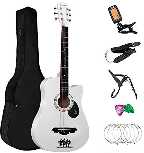 Crystals 38 Classical Acoustic Guitar Full Size 4/4, 6 String Guitar with Complete Accessories Pack Including Guitar Tuner, Portable Plectrums, and Adjustable Strap for Beginners (White Guitar Only)
