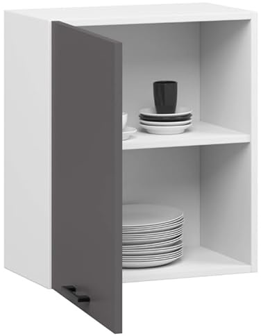 BDW - Armoire de Cuisine Suspendue OLIWIA W Blanche/Grise 50x30x58cm – Meuble Haut de Cusine – Mural -Complete – Placard – Vaiselle - Rangement