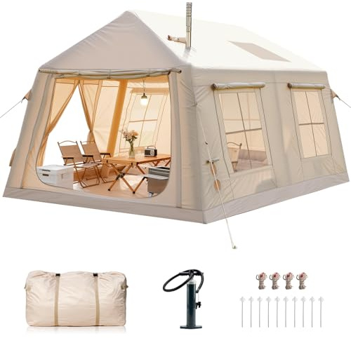 8-10 Person Large Inflatable Tents for Camping, Blow Up Tent House 2 Rooms, 4 Season Hot Tent with Stove Jack & AC Ports, Glamping Camping Tents for Outdoors, Easy Setup with Air Pump