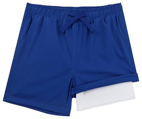 LACOFIA Boys Swimming Shorts 2 in 1 Kids Swim Trunks with Compression Liner Elasticated Waist Boardshorts Children Summer Beach Shorts Quick Dry Blue 10-12 Years