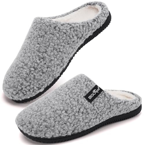 ERGOfoot Orthopedic Slippers for Women, Soft Plantar Fasciitis House Slippers, Sherpa Fleece Arch Support Shoes with Removable Wool Insole for Home, Garden, Walking, Light Grey UK 7