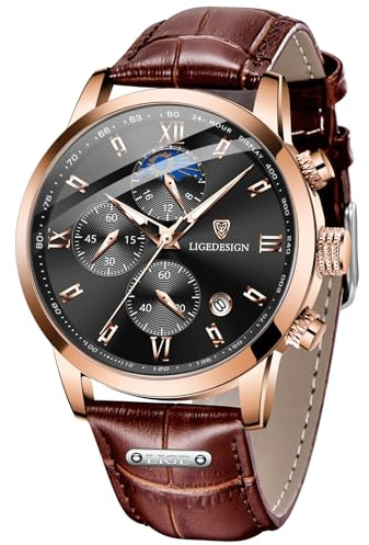 LIGE Montre Homme, Montres Bracelet Quartz Analogique, Cadran Chronographe Jour-Lune, Bracelet en Cuir, Aiguilles Luminescentes, Affichage de la Date, Étanche 3 ATM, Style Outdoor Décontracté, Brun