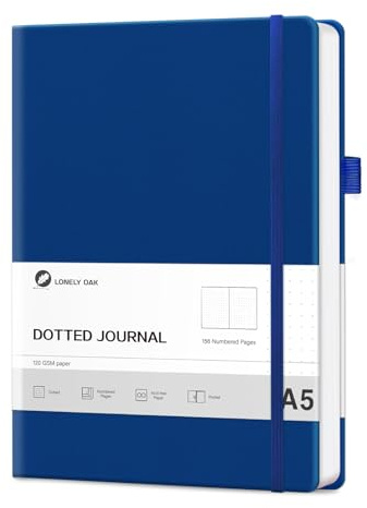Lonely Oak Cuaderno de Diario Punteado para Escribir, Diario de Viajes A5 con Papel Sin Ácido de 120 GSM, Portada Rígida de Cuero y Bolsillo Interno, 21,3 cm x 14,6 cm (Azul)