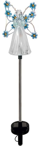 Luci solari su palo da giardino - Angelo solare da giardino con 7 LED solari e decorazioni per ali di fiori | Luci esterne di luce d'angelo per la decorazione della tomba, Regalo COM