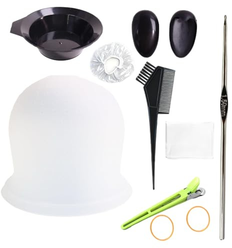 Cuffia per Meches con Foro Perforato, Kit Tinta Capelli Fai da Te Completo, Cuffia Meches, Pennello e Ciotola per Colore Capelli, Ganci e Guanti per Chi ama Provare a Casa