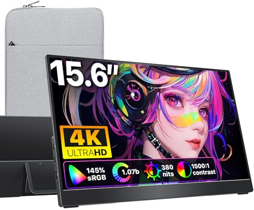 cocopar bärbar skärm 15,6 tum 4K QHD 145% sRGB med högtalare, HDMI USB-C, bärbar monitor för laptop, MacBook, Surface, PC, Xbox, PS5, VESA, med integrerat stativ