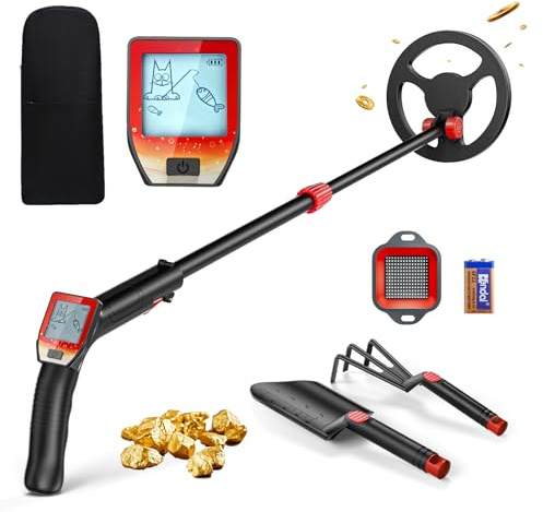 Detector Metales Niños, Ligero Detector de Metales para Niños con Mango Ajustable de 66-83 cm, Pantalla LCD y Bobina de Búsqueda Impermeable, Alta Sensibilidad con Pala Rastrillo Tamiz Bolso, Rojo