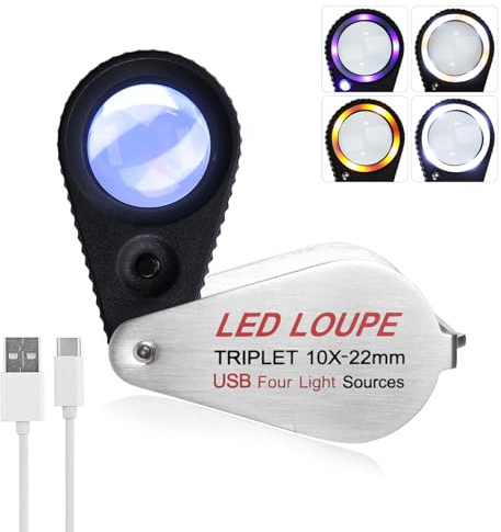Uppladdningsbar 10 x triplett 22 mm LED smycken lupp förstoringsglas med 4 ljuslägen (UV/varm/naturlig/vit), vikbar metalldesign och optisk glaslins för ädelstenar, mynt, klocka, stämpel och