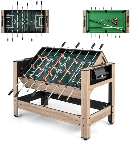 COSTWAY 2 in 1 drehbarer Multi Spieltisch, Multifunktionstisch mit Tischkicker & Billardtisch, Tischfußball Komplett Set inkl. 2 Bälle, Queuen & Zubehören, Kickertisch für Kinder, Erwachsene