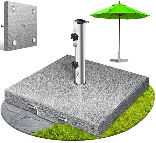 KESSER Portaombrelloni in granito con tubo in acciaio inox, supporto quadrato di alta qualità, 30 kg, per bastoni fino a 16 – 48 mm, incl. maniglia per il trasporto da giardino, balcone, grigio