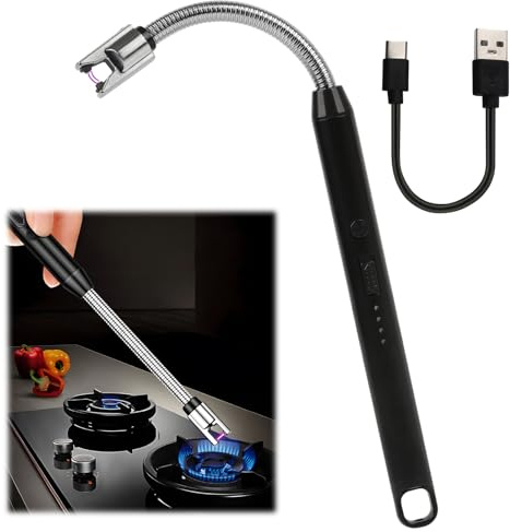 Accendino elettrico ricaricabile USB di tipo C con display a LED a batteria, lungo collo, resistente al vento e senza fiamma, ideale per candele, barbecue, campeggio, caminetti