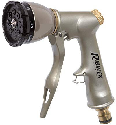 Ribimex Pistola Multigetto in Metallo e Ottone con Testina Rotante, 8 Getti Regolabili, Sistema di Blocco e Attacco Rapido in Ottone, Ideale per Annaffiatura e Pulizia - PRA/TLB.4402