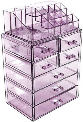 Sorbus Makeup Organizer, 7-Drawer Acrylic 2-Piece Set (Purple)