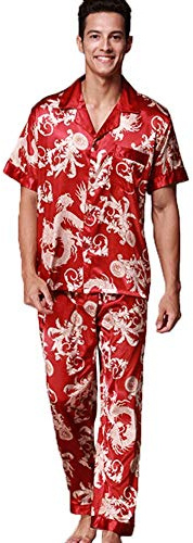 ZUEVI Men's Silk Satin Short Sleeve Pajamas Set Dragon Pattern Loungewear Button Down Pjs Set for Men (Red Dragon-XL)