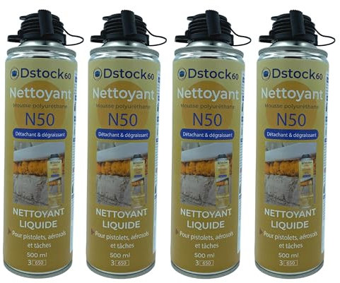 DSTOCK60 - LOT DE 4 NETTOYANTS MOUSSE EXPANSIVE POLYURETHANE - NETTOYANT POUR PISTOLETS, AEROSOLS ET SURFACES - DETACHANT, DEGRAISSANT - 500 ML
