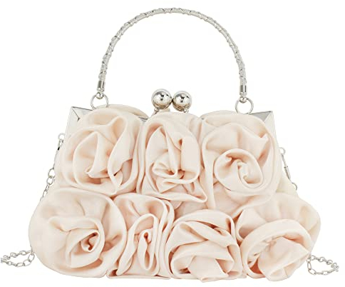 Milya Damen Satin Clutch Blumen Elegante Brauttasche Hochzeit Party Kleidertasche Abendtasche Handtasche mit Kette Kiss Lock