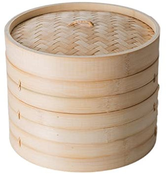 PIAOLING Cesta de Vapor de bambú Tradicional de 3 Niveles, vaporera de bambú con asa de Transporte, Cesta de Vapor con Tapa para cocinar albóndigas de Carne, Pescado y Dim Sum