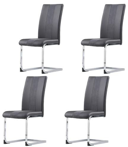 AINPECCA Esszimmerstühle 4er Set, Kunstleder Freischwinger Schwingstuhl, Küchenstuhle mit hoher Rückenlehne, verchromtem Metallgestell, Polsterstuhl für Wohnzimmer(4, grau)