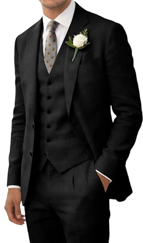 Retro Linen Suits for Men Black 3 Pieces Homecoming Tuxedos Linen Blazer Vest Pant Prom Men Suit Summer Jacket Daily Outfit bk-4034