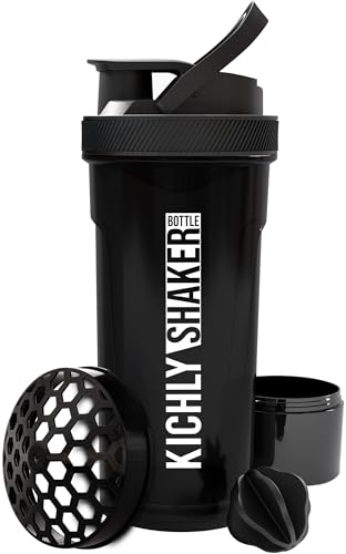 KICHLY Shaker Bouteille shaker en plastique de pour pré-et après l'entraînement avec boîte à protéines Twist & Lock - Noir, Pack de 1