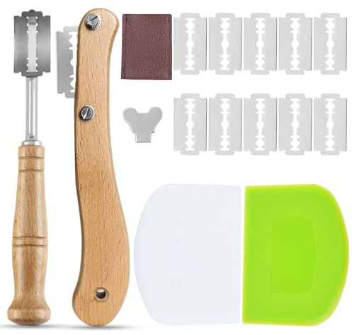 TAKUZA 2-Teiliges Kitchen Baker Lame Brotschneidewerkzeug, Bäckermesser Set, Brotklinge, Teigmesser für Gerade und Geschwungene Schnitte, mit 10 Rasierklinge und Lederschutzhülle