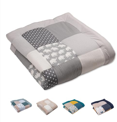 ULLENBOOM Krabbeldecke für Baby 120x120 cm, 100% OEKO-TEX Materialien, Made in EU, Dick & weich gepolstert, Graue Elefanten - ideal als Babydecke & Spieldecke Baby