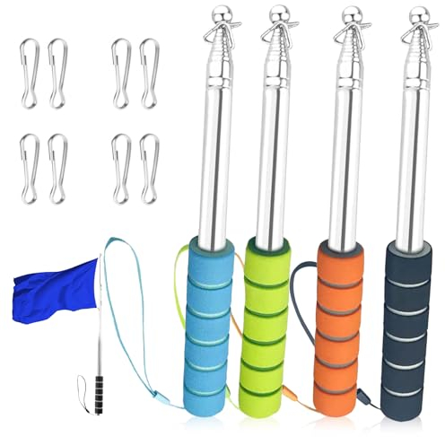 KUBDPQOR Asta Telescopica, 4 Aste Telescopiche per Bandiere Portatili, 1.6m Asta per Bandiera con 8 Bandiere Clip, Palo Telescopico in Acciaio Inox, per Viaggi, Campeggio, Gite, Concorsi, Insegnanti