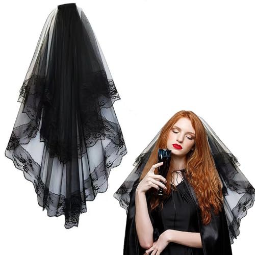 Funmo Voile Mariée Halloween Voile Noir Dentelle, Mariée Gants Noir Halloween Gants Courts en Dentelle, Accessoires de Mariage pour Carnaval, Cosplay