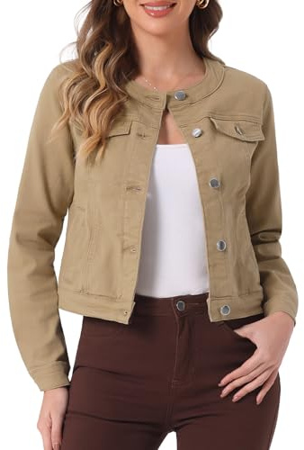 Allegra K Chaqueta De Mezclilla Para Mujer Chaquetas De Mezclilla De Manga Larga Sin Cuello Con Botones Caqui L