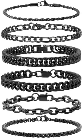 XIANNVXI 6 Pcs Stainless Steel Bracelets Black Bracelet for Men Women Link Cuban Chain Bracelet Rope Paperclip Bracelets Set 8.3 Inches Mens Black Bracelets