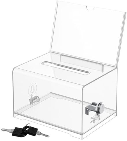 Boîte à dons verrouillable – Tirelire transparente avec clé et serrure, boîte de donation en acrylique transparent scellée pour vote, tirages au sort, compétitions