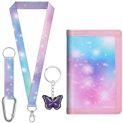 sundee Colorful Kids’Wallet Three-Fold for Boys and Girls, with Neck Lanyard and Matching Keychain Pendant, Ideal Birthday Gift for Children Kids, Great for School & Outings(Butterfly Purple)