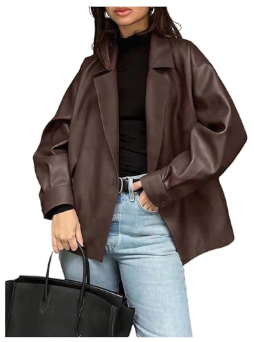 SHENHE Women's Faux Leather Lapel Collar Blazer Open Front Oversized Business Work Jacket Blazer Brown Small
