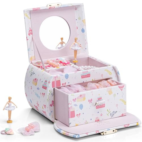 VLANDO Carillon portagioie bambina con cassetti, regalo di compleanno per ragazze 6 7 8 anni, portagioie per bambini, ballerina, portagioie in pelle con melodia e chiave