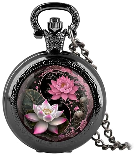 YIHAOYH Vintage Pocket Watch for Women Men Graphic Design Quartz Pocket Watches with Chain Pendant Christmas Birthday Gift with Box (Lotus)