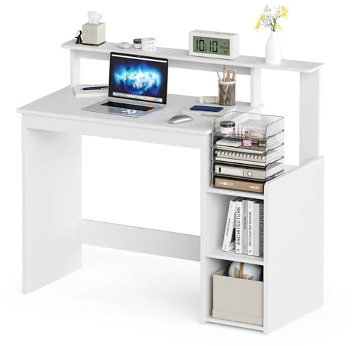 Mondeer Bureau Blanc avec Rangement, Bureau Ordinateur avec Réglable Étagères, pour Travail Étude Chambre Studio, 110 x 48 x 93 cm