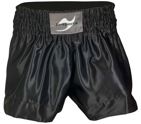 Ju-Sports Thaiboxhose Color Schwarz XL I Thaibox Shorts im typischen Thai-Schnitt I 100% Polyester I Breiter Boxerbund & Zusatzschnürung I Auch für Kickboxen UVM.