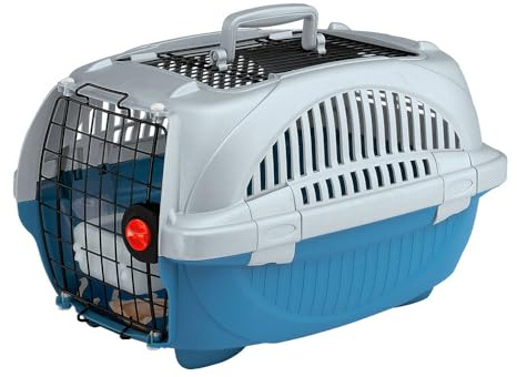 Ferplast Transportbox für Haustiere Hundebox für kleine Hunde und Katzen Atlas Deluxe 10 Open, Transportbox für Haustiere, Vorder-Obentür, Kissen und Napf inklusive 34 x 51 x 30 cm, blau