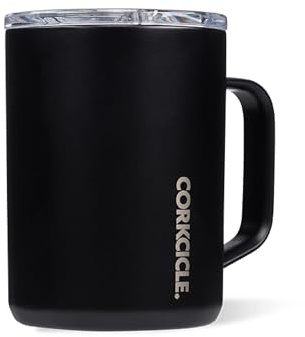 Corkcicle Origins Travel Coffee Mug - Triple Insulated Stainless Steel Cup with Handle for Tea, Hot Chocolate, Coffees, & More - Spill Proof, Reusable, Dishwasher Safe - Matte Black, 475ml/16oz
